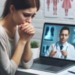un profesional sanitario al otro lado de la pantalla y un paciente con semblante preocupado